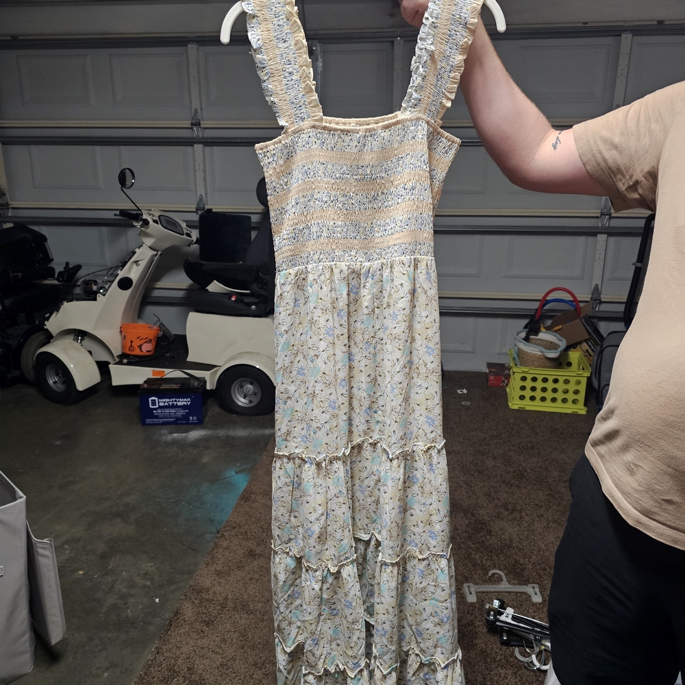 Floral Tiered Smocked Maxi Dress in Cream and Blue